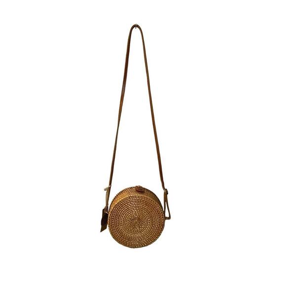 Women's Brown Round Basket Handwoven Summer Crossbody Straw Bag Leather Strap - Picture 1 of 6